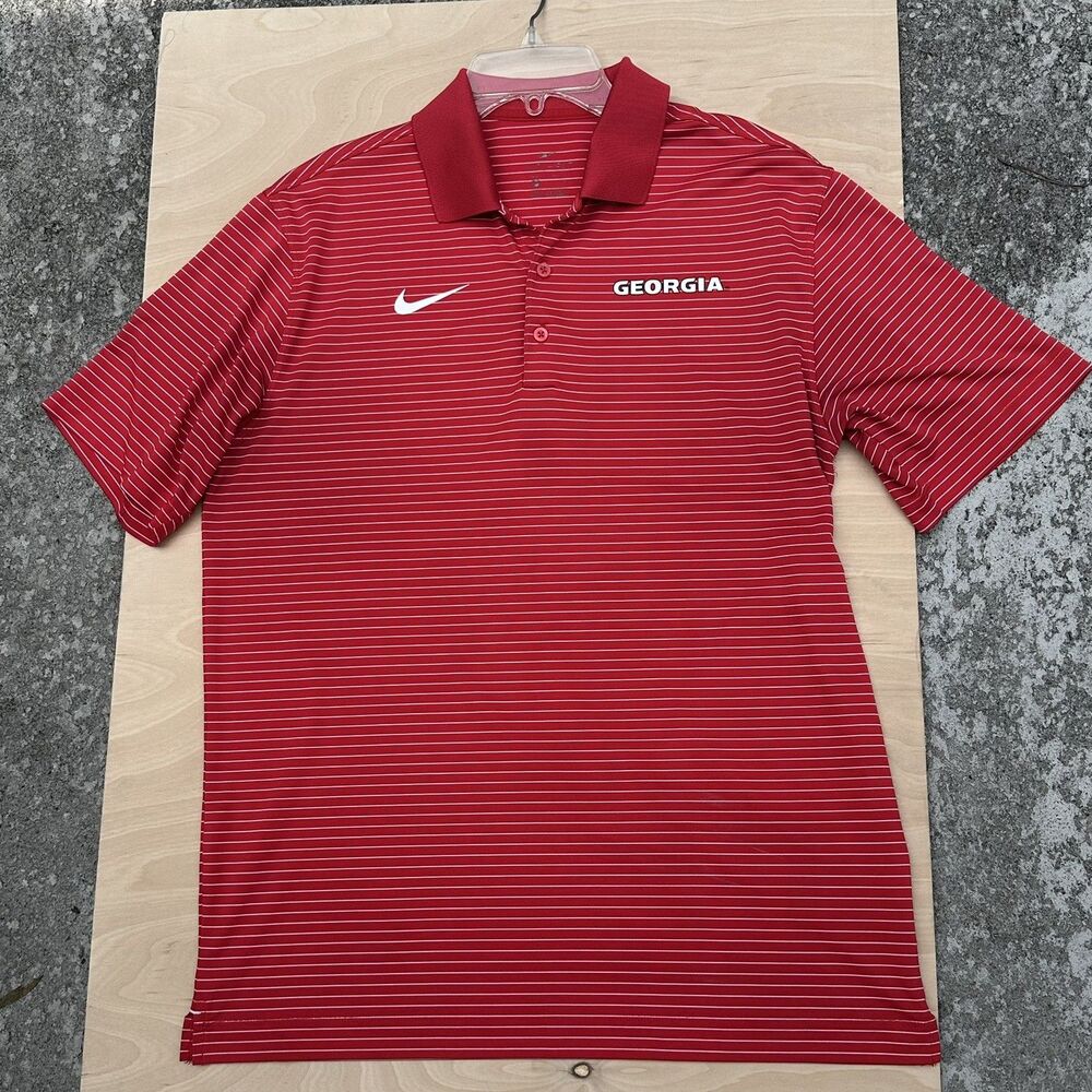 Mens Nike UGA Georgia Bulldogs Dri-Fit Polo Shirt Size Medium Striped Dawgs Logo